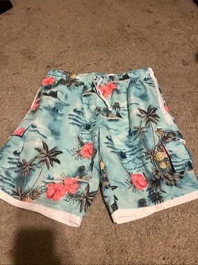 Ingear Aqua Tropical Floral Swim Trunks with Coral Accents